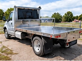 Silver pickup with a custom fabricated flatbed